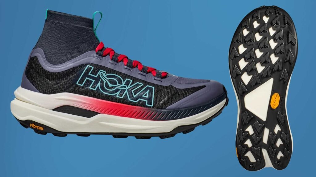 Chaussure running route et chemin (8) Hoka One One Tecton X 3 vue de côté et de la semelle d'usure
